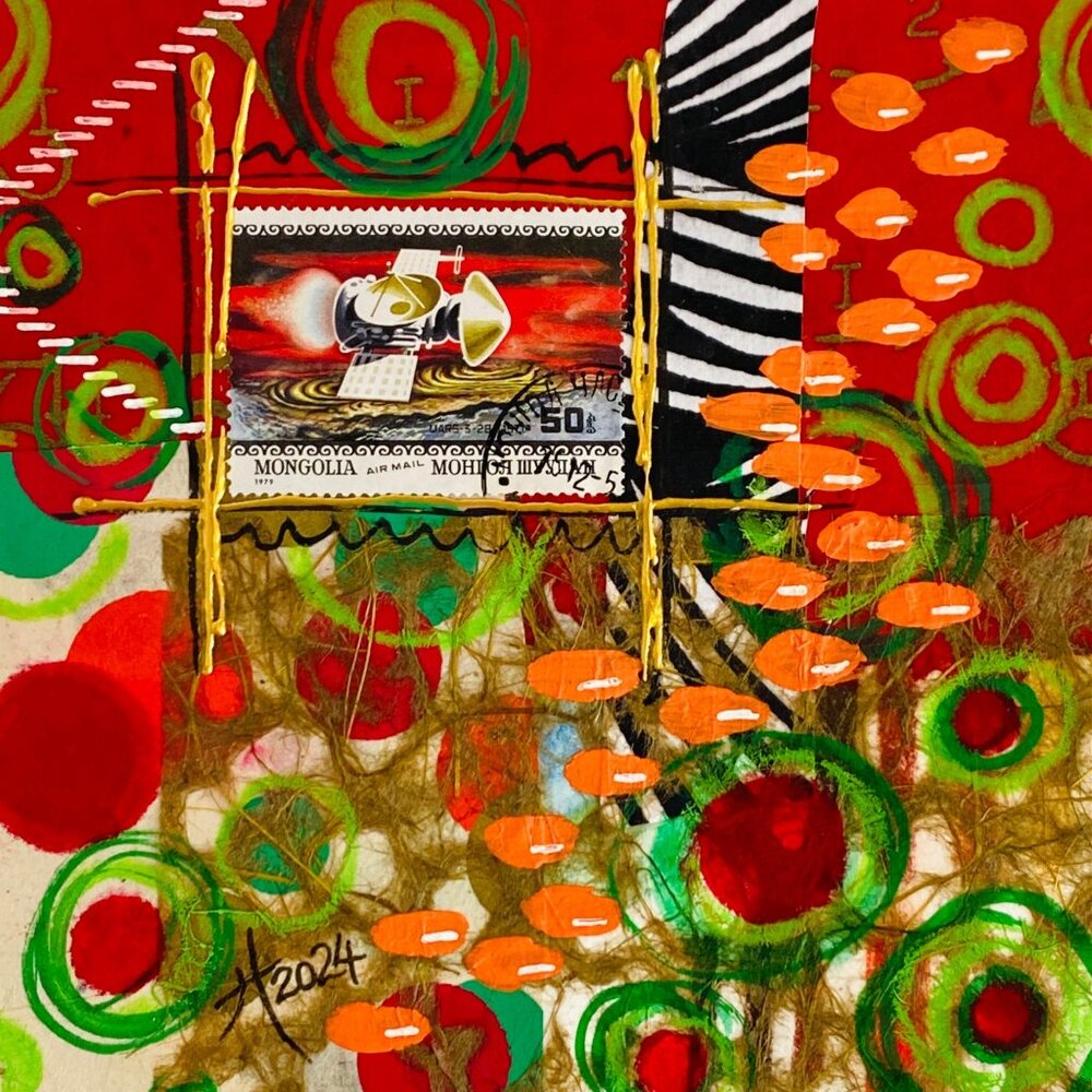 Lets Communicate Original Art Painting Collage Mixed Media Matted 8x8in